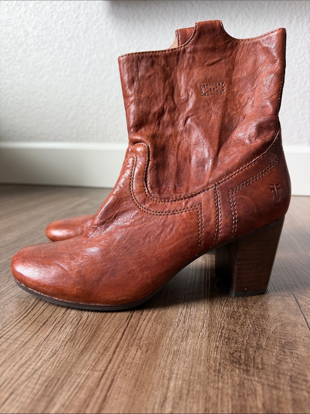 Frye Cognac Leather Mid-Calf Heeled Boot